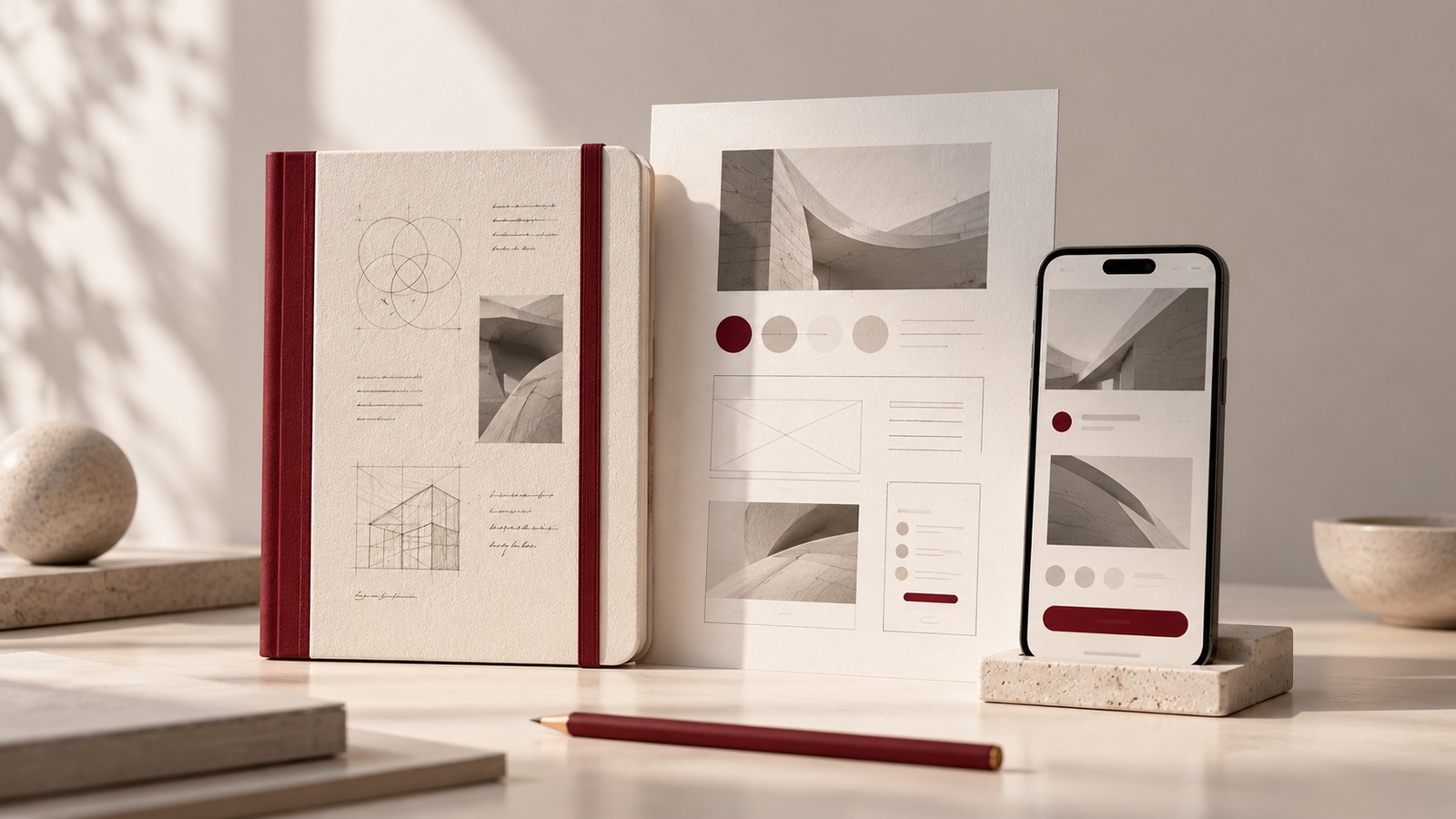 Concept illustration for about the school: three tactile design studies standing together: research notebook.