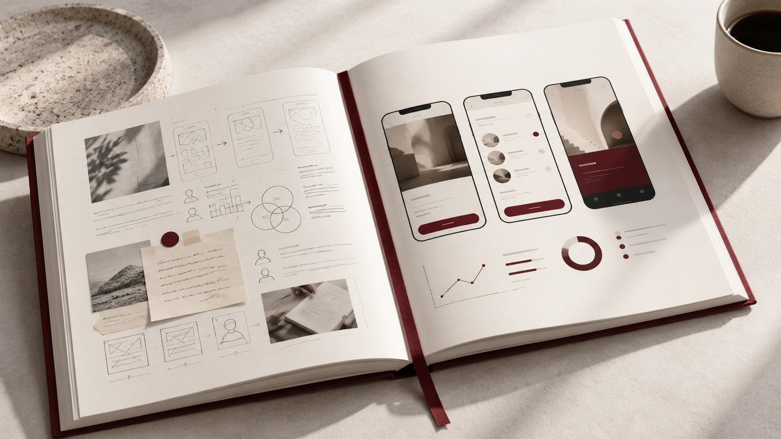 Concept illustration for case studies: a beautifully composed unbranded app case study booklet open to physical research notes and finished cream-and-burgundy mobile screens.