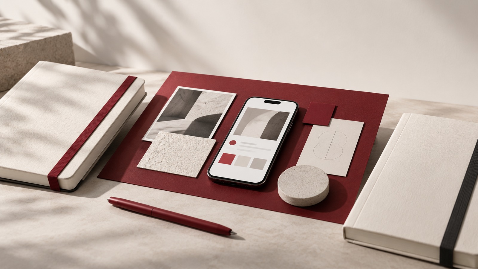 Concept illustration for college partnerships: two premium ivory notebooks approaching a shared burgundy design project board with a single refined phone interface.
