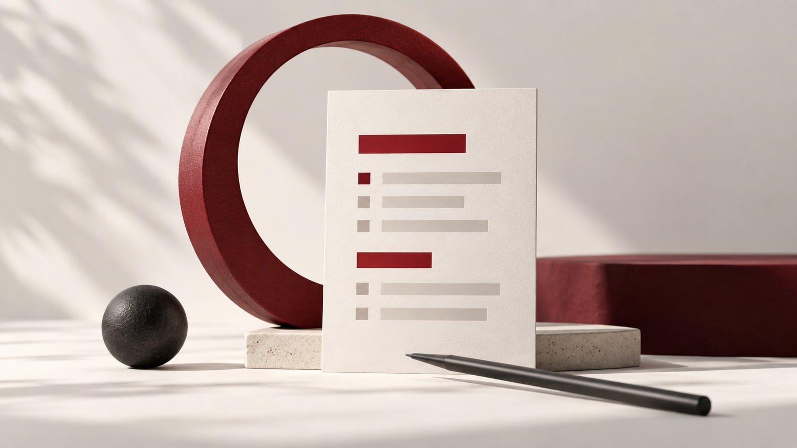 Concept illustration for events and workshops: a sculptural burgundy circle frame standing behind an ivory event agenda card with simple abstract horizontal bars.