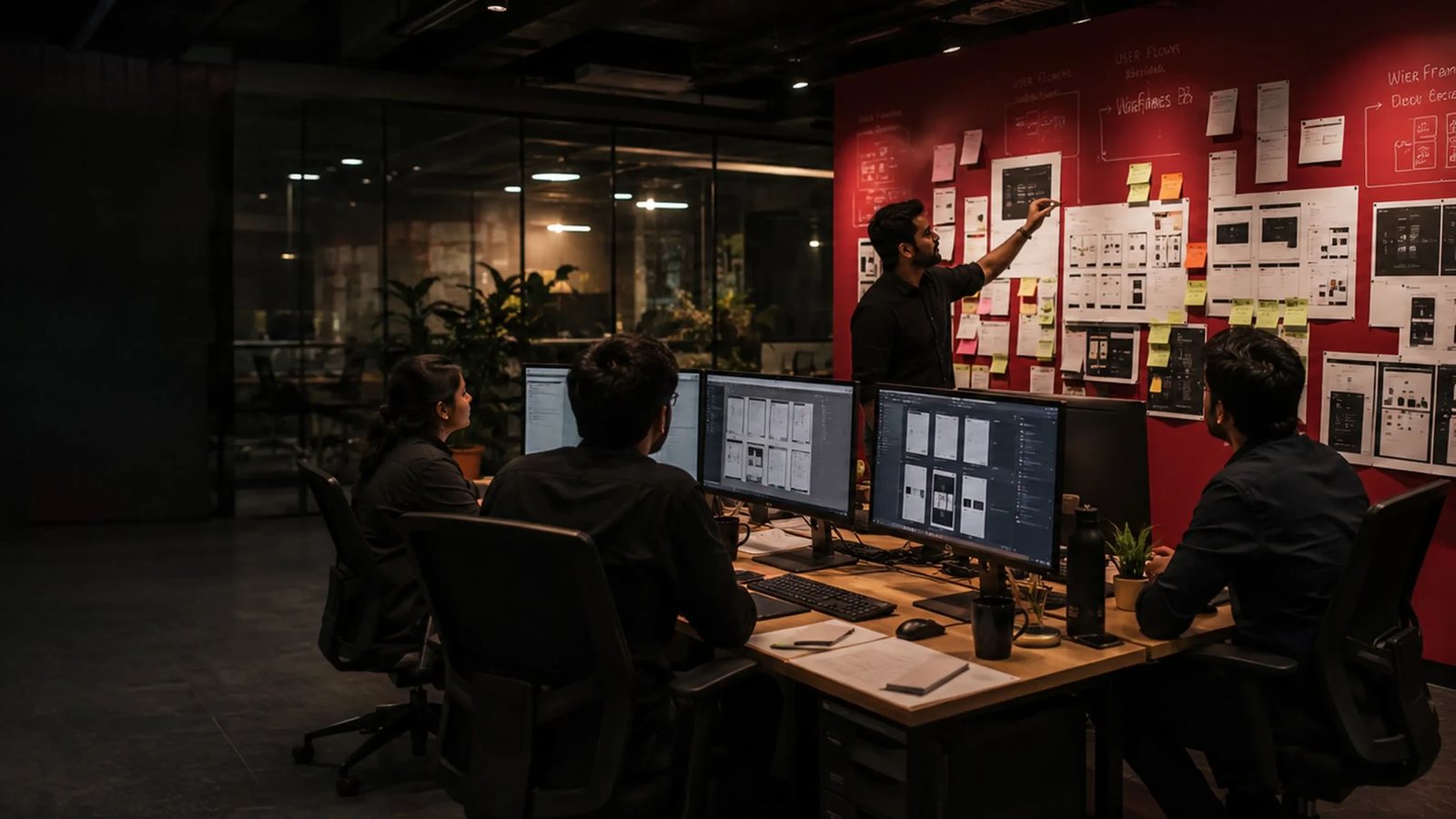 Designers reviewing wireframes and user flows pinned to a studio wall