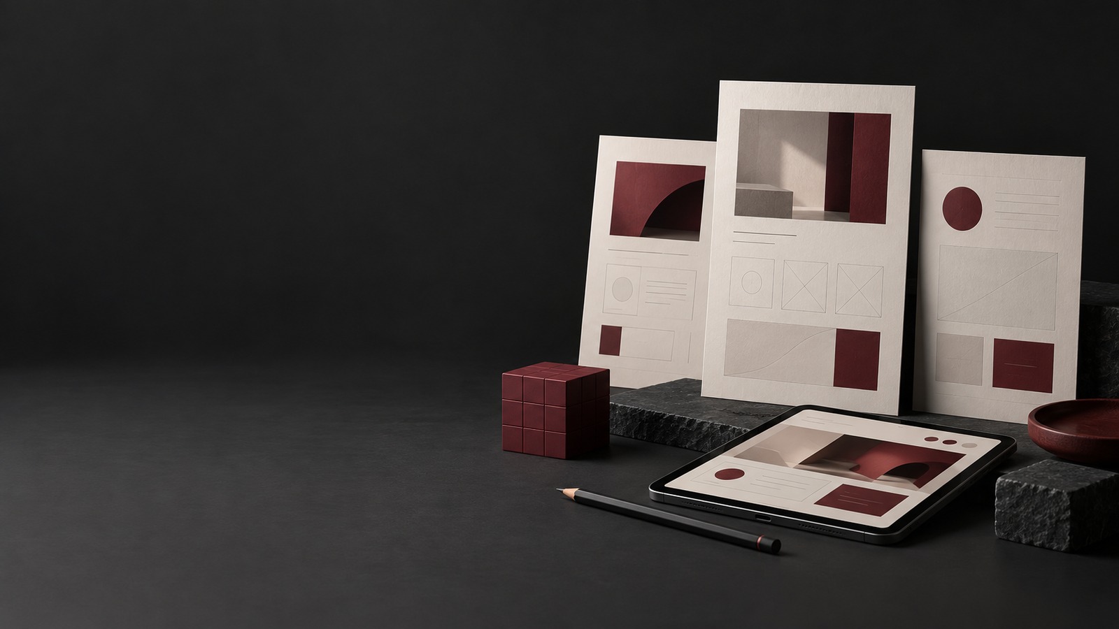 Concept illustration for UI UX design: three printed interface layouts, a tablet showing a burgundy app screen and a pencil on a dark studio surface.