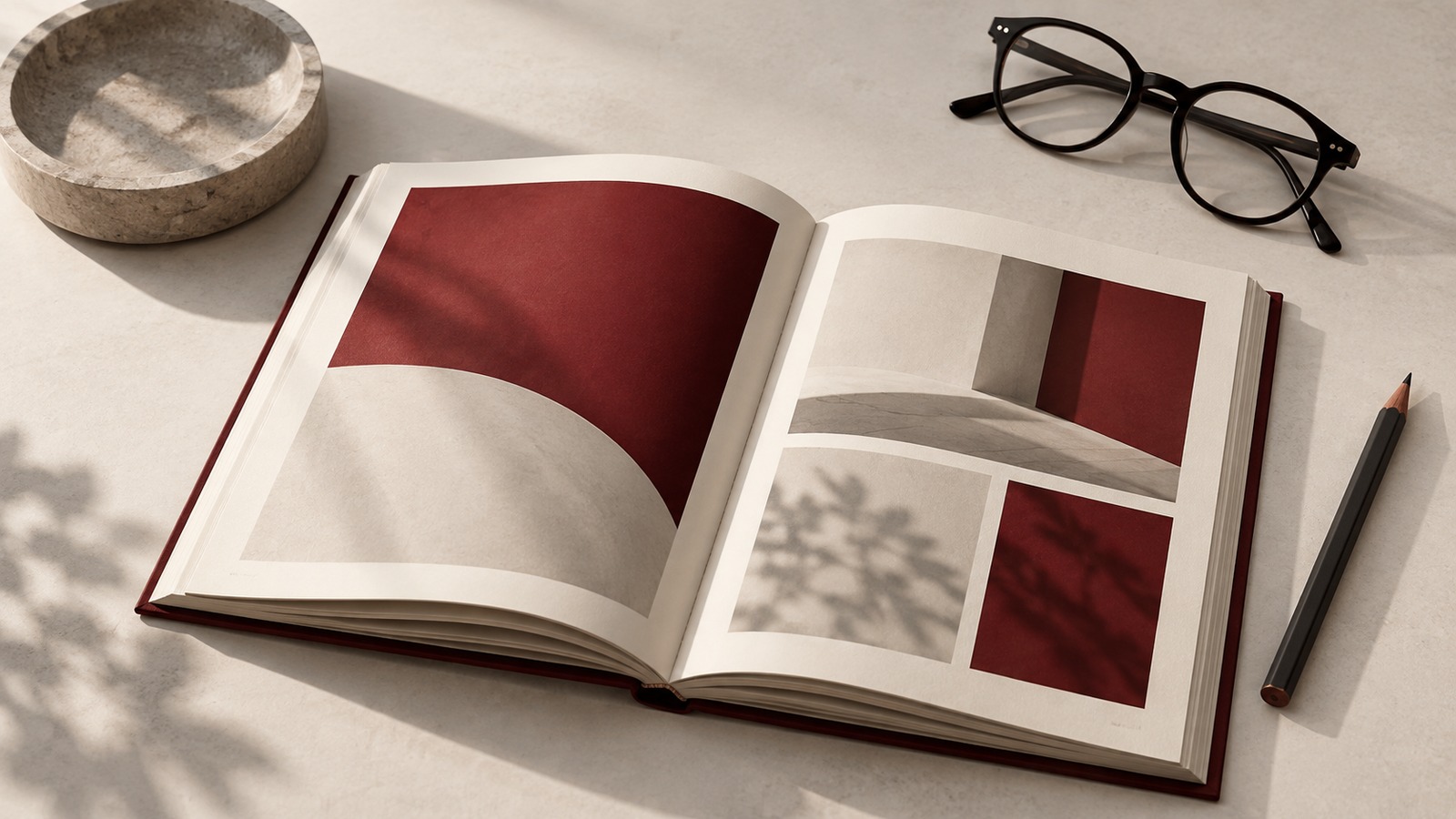 Concept illustration for blog and journal: an open editorial design journal with an ivory-and-burgundy abstract page grid.
