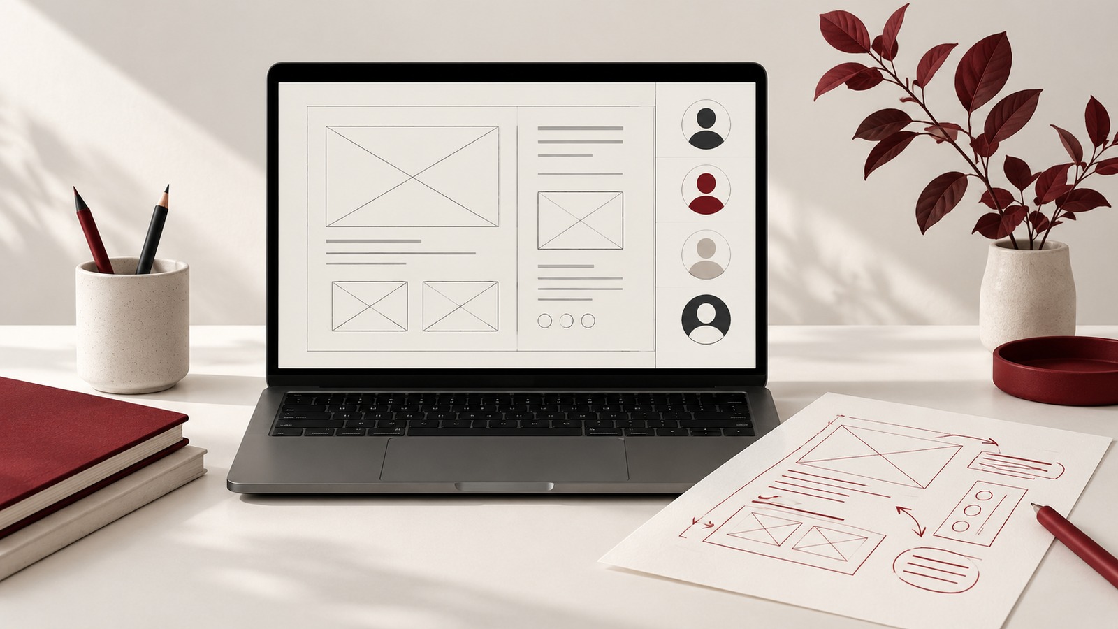 Concept illustration for live learning and critique: an unbranded laptop showing a wireframe canvas and four simple abstract avatar circles in a narrow sidebar.