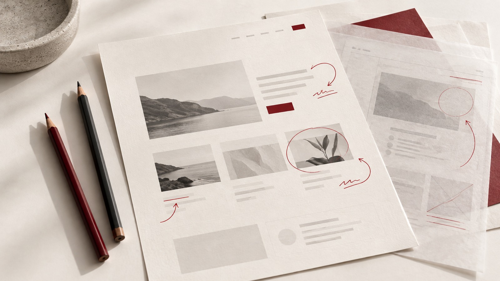Concept illustration for mentorship: two different graphite pencils placed beside a single cream interface study with subtle burgundy feedback marks and paper revision overlays.