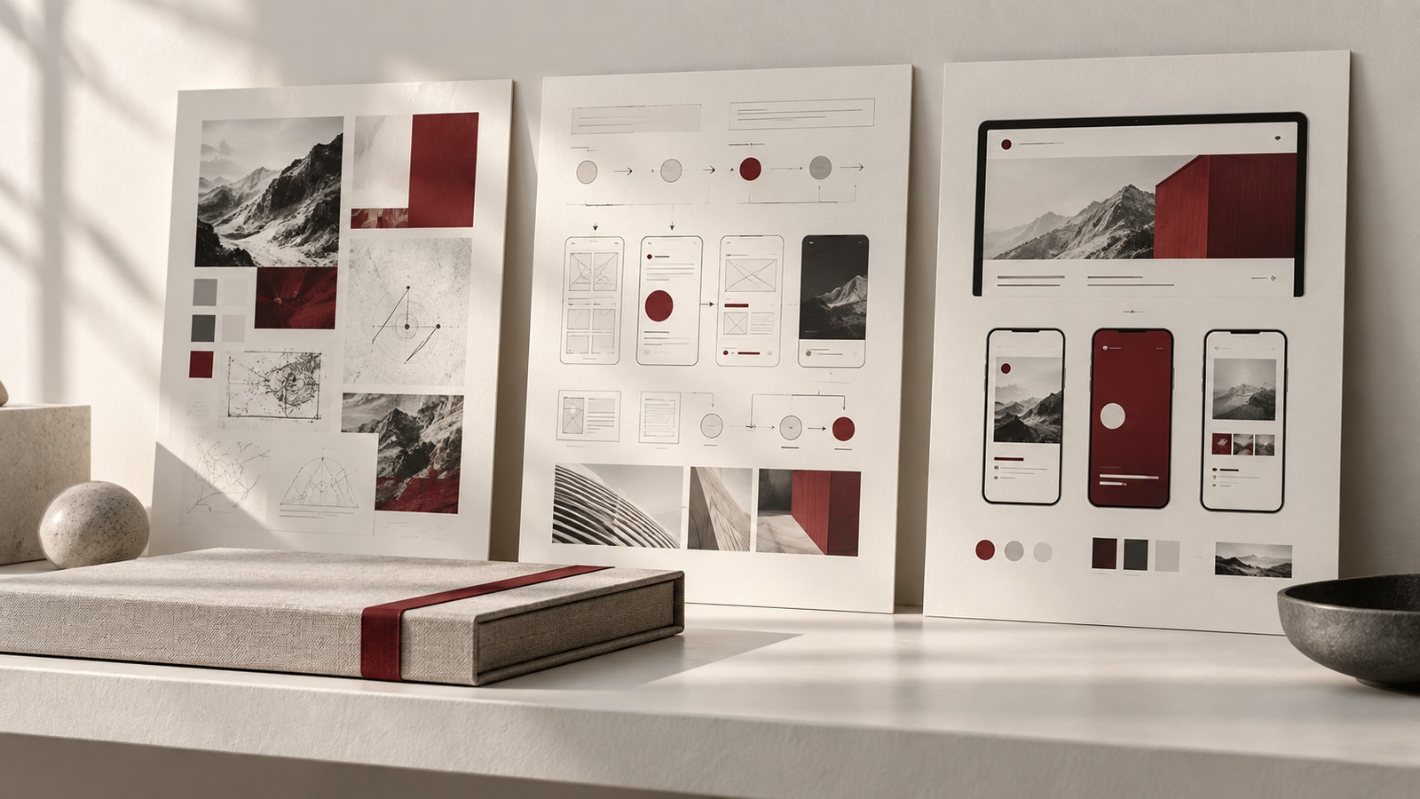 Concept illustration for portfolio and career outcomes: three premium portfolio boards on an ivory shelf showing abstract research.