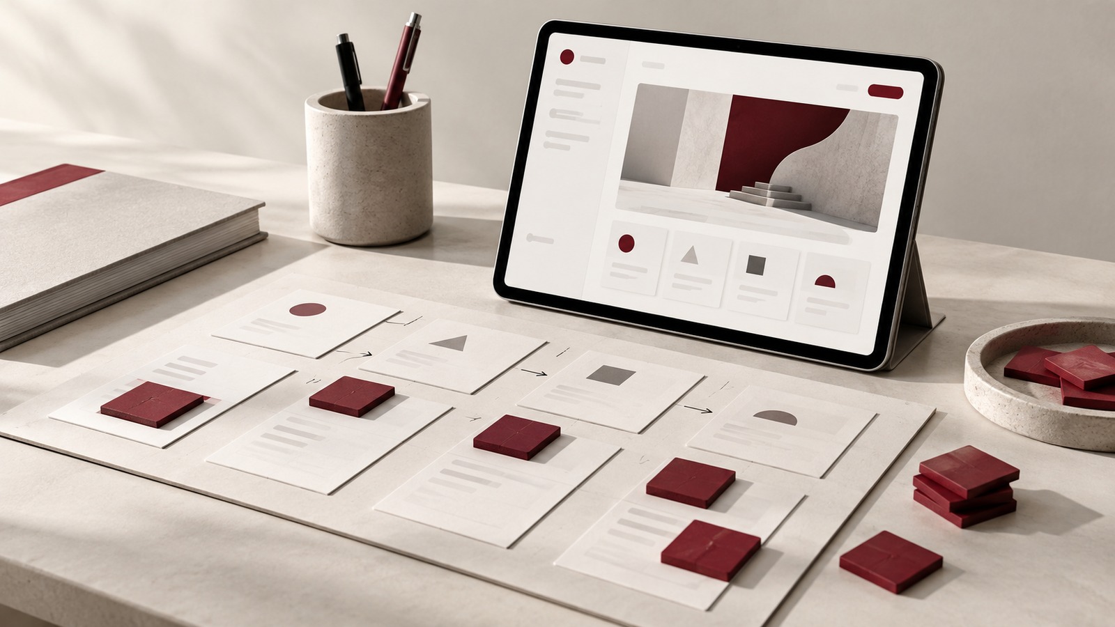 Concept illustration for product design career accelerator: product strategy still life: precise white concept cards and burgundy prioritisation tiles arranged on a planning board.