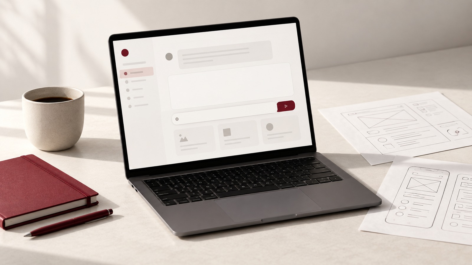 Concept illustration for AI in UX/UI design: a slim graphite laptop with a refined ivory conversational design assistant mockup consisting of blank response panels and burgundy controls.