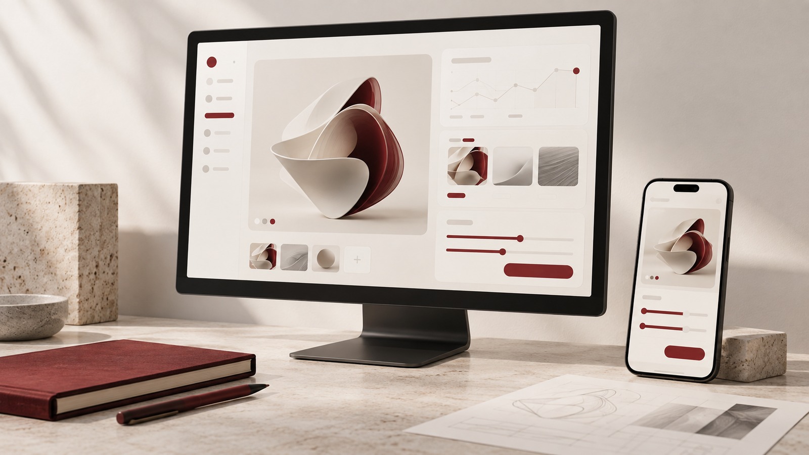 Concept illustration for postgraduate AI product design: premium charcoal monitor showing an elegant unlabeled AI product dashboard made of a few cream panels and burgundy controls.