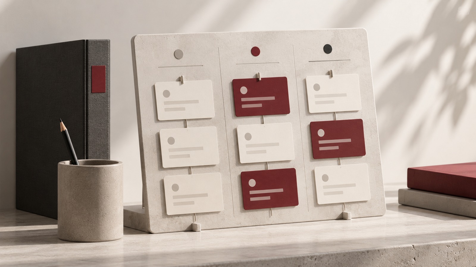 Concept illustration for DesignOps: minimal physical design operations board with three shallow columns of cream and burgundy work cards.