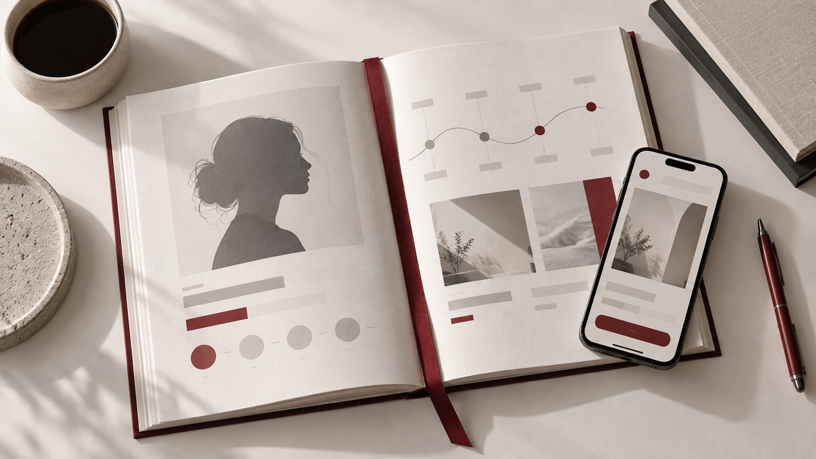 Concept illustration for human-centred product design: an open premium linen-bound research portfolio with an abstract persona silhouette.