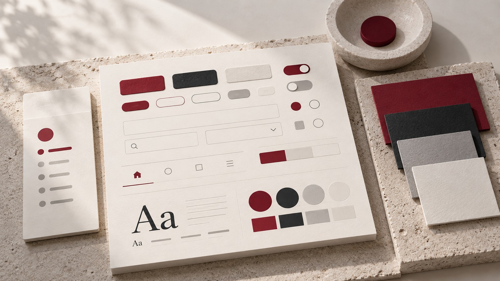 Concept illustration for advanced UI and design systems: exquisitely arranged tactile component library: ivory cards bearing precise unlabeled button.