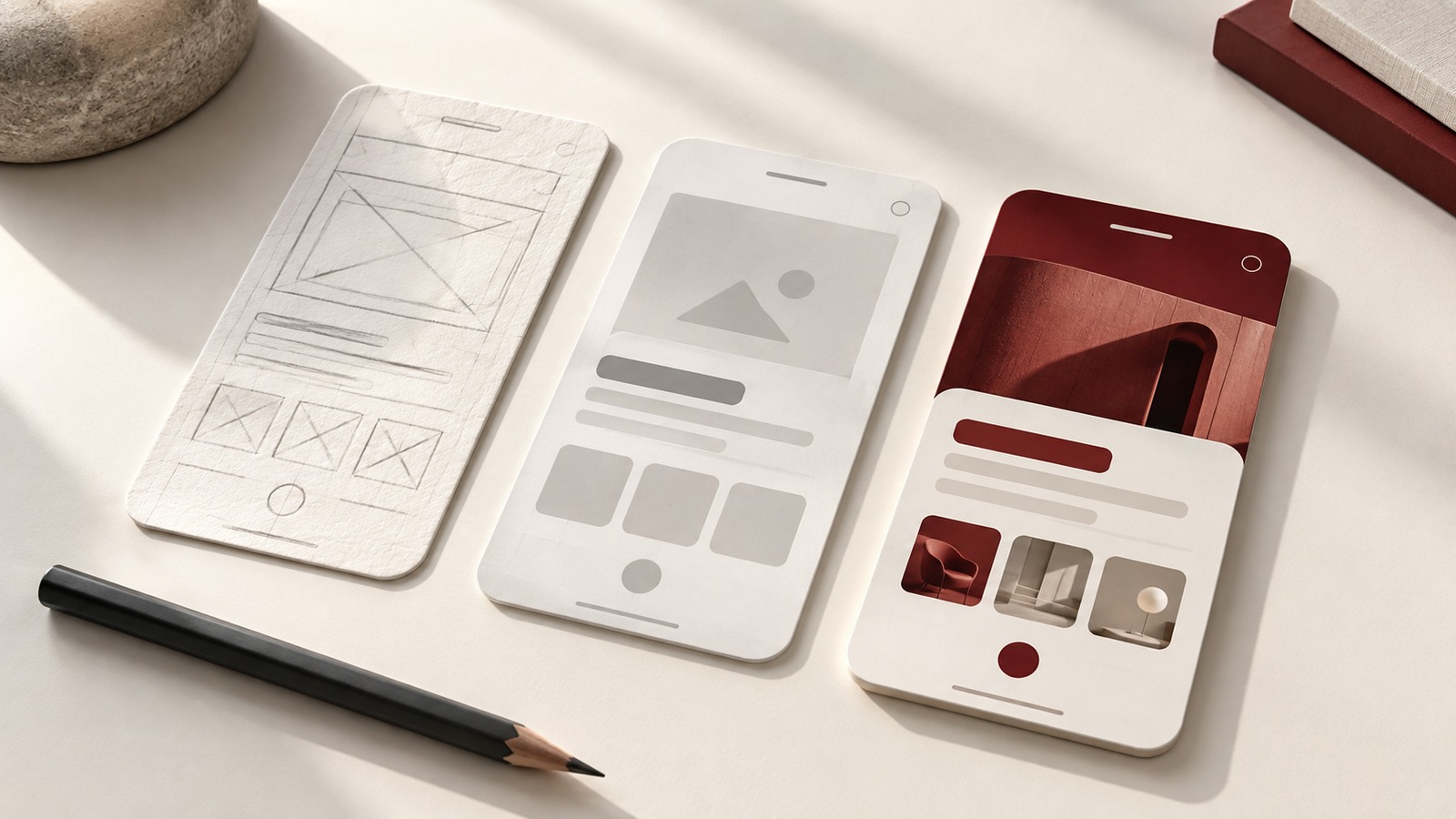 Concept illustration for UX/UI foundations: three beautifully arranged physical mobile interface cards progressing from pencil wireframe to polished burgundy app design.
