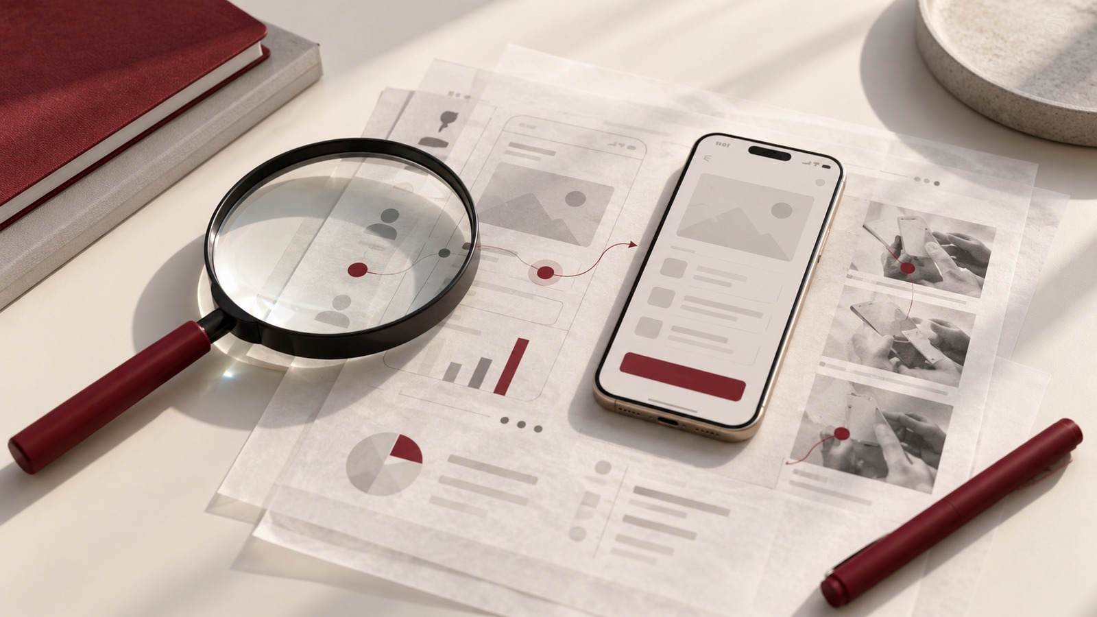 Concept illustration for research lab: precision research workbench with a magnifying lens resting beside layered transparent usability observation sheets and an ivory mobile prototype.