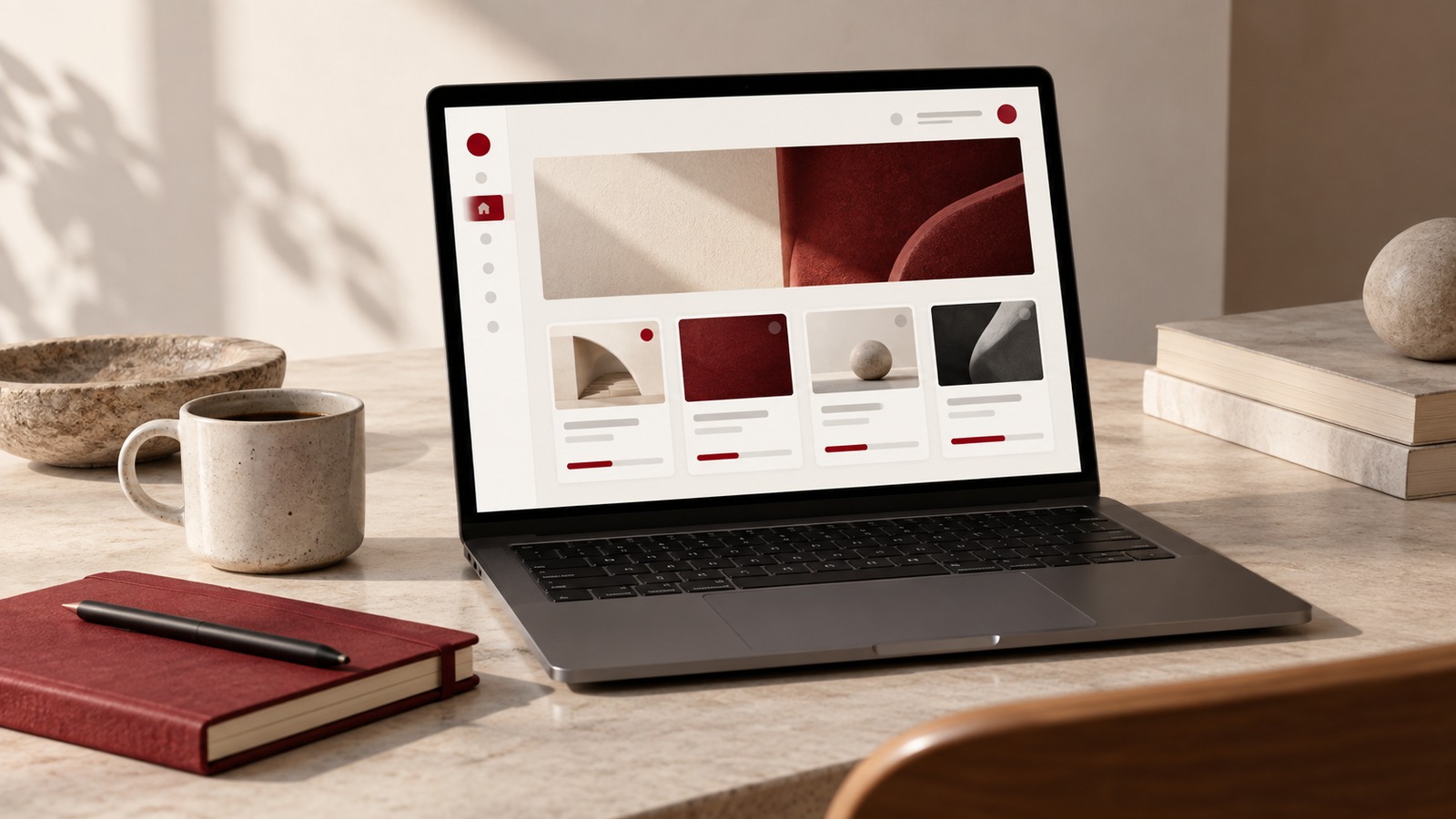 Concept illustration for student portal: a refined unbranded learning dashboard on a graphite laptop with cream lesson cards.