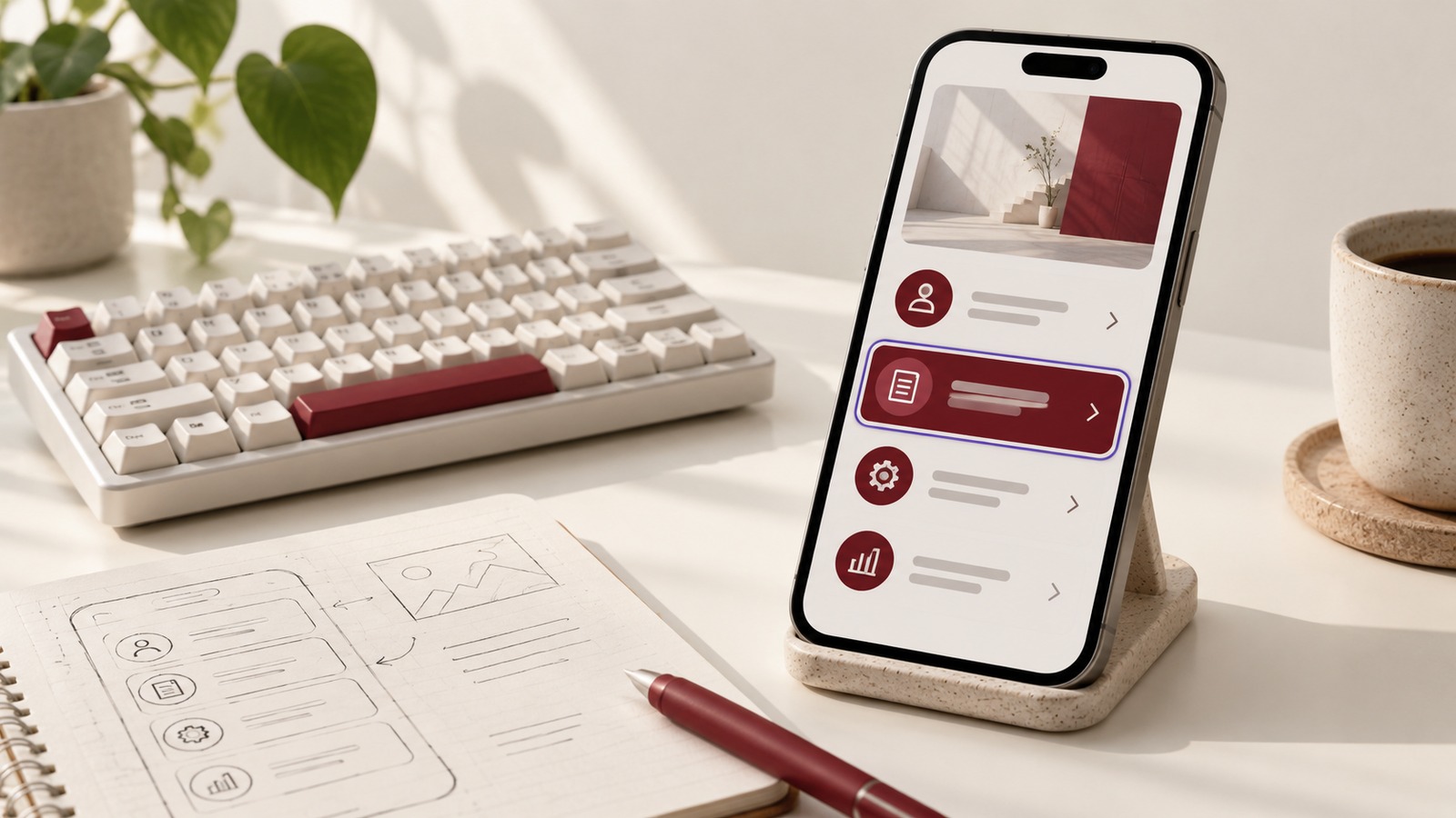 Concept illustration for accessibility workshop: a beautiful ergonomic keyboard and a mobile interface study showing large high-contrast burgundy controls.