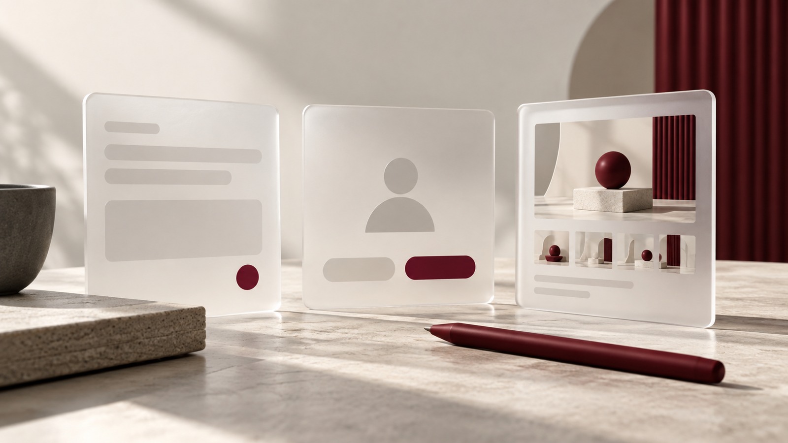 Concept illustration for AI products workshop: two translucent frosted interface panels depicting a blank human approval card between a user input card and generated output panel.