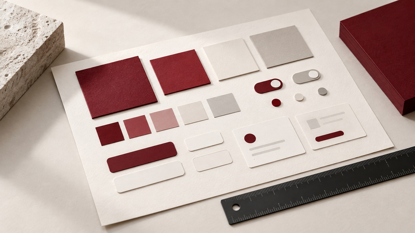Concept illustration for design systems workshop: close-up tactile design token and component workbench: burgundy square swatches.