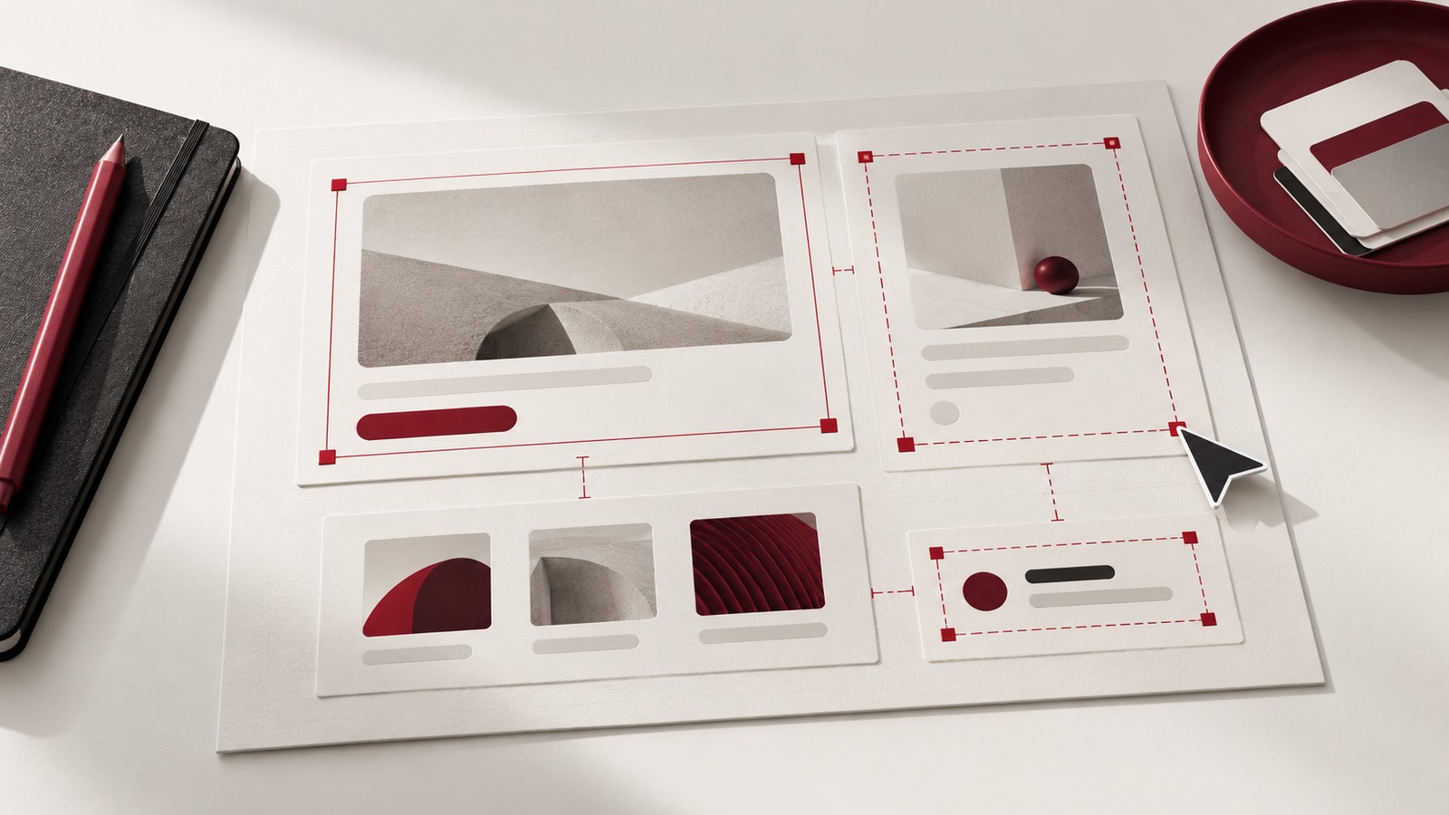 Concept illustration for advanced figma workshop: a precision interface-layout workbench with nested ivory frames arranged in a disciplined grid.