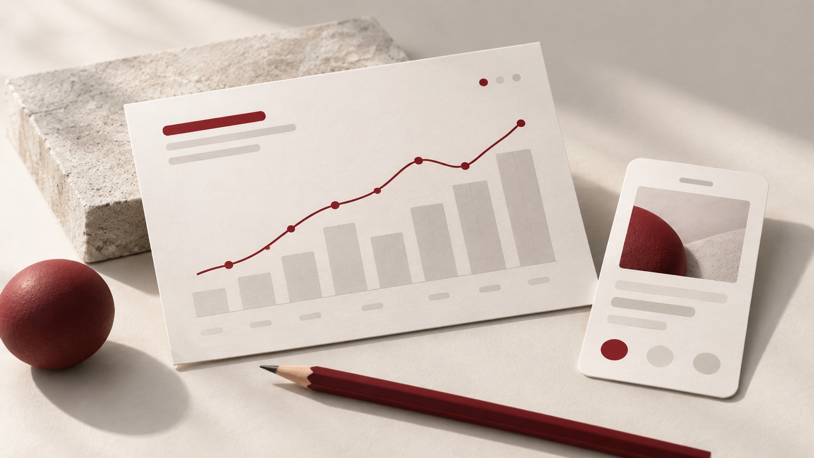 Concept illustration for product metrics workshop: one sophisticated physical analytics dashboard card with sparse unlabeled bars and a single burgundy line plot.