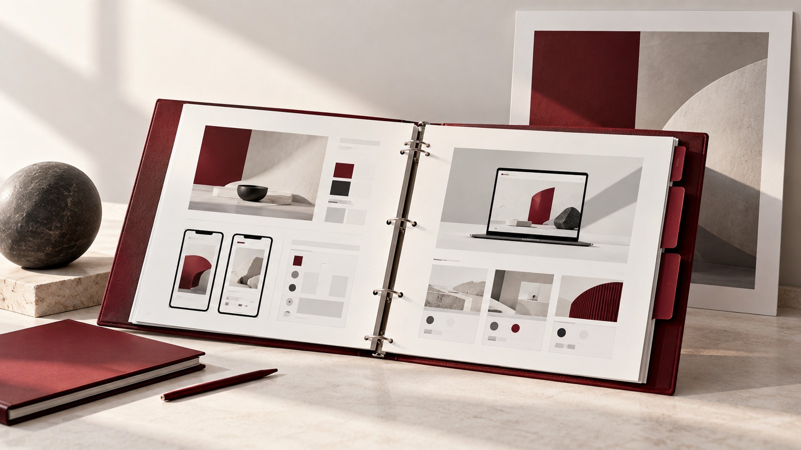 Concept illustration for portfolio rebuild and mock jury: an open premium portfolio binder showing two carefully composed UI case study spreads.