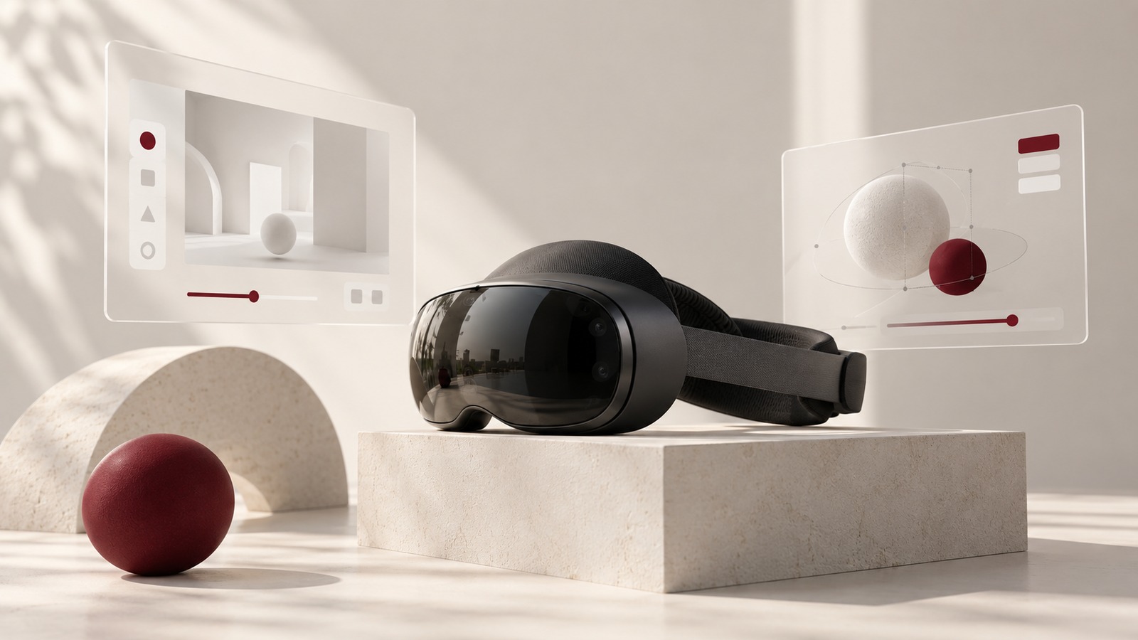 Concept illustration for ar and vr design workshop: unbranded matte charcoal spatial-computing headset on an ivory pedestal with two delicate frosted-glass interface panels and restrained burgundy controls.