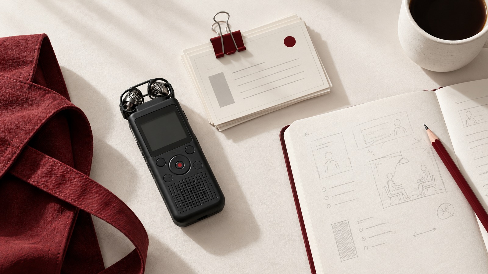 Concept illustration for user research field lab: field research kit with a compact unbranded black audio recorder.