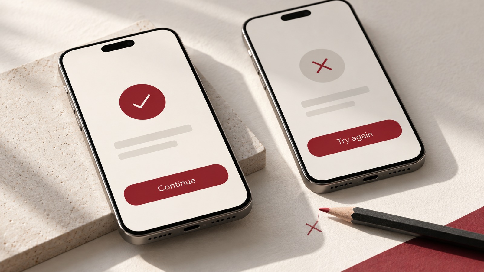 Concept illustration for UX writing: extreme-clean closeup of ivory mobile interface cards with elegant short literal text 'continue' and 'try again' and burgundy buttons.