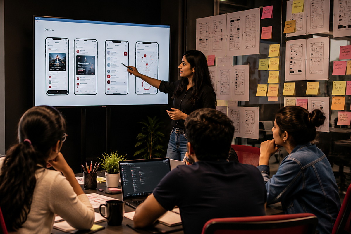 A live UI/UX critique session at Agile Design School, where career switchers with no design background learn through real projects