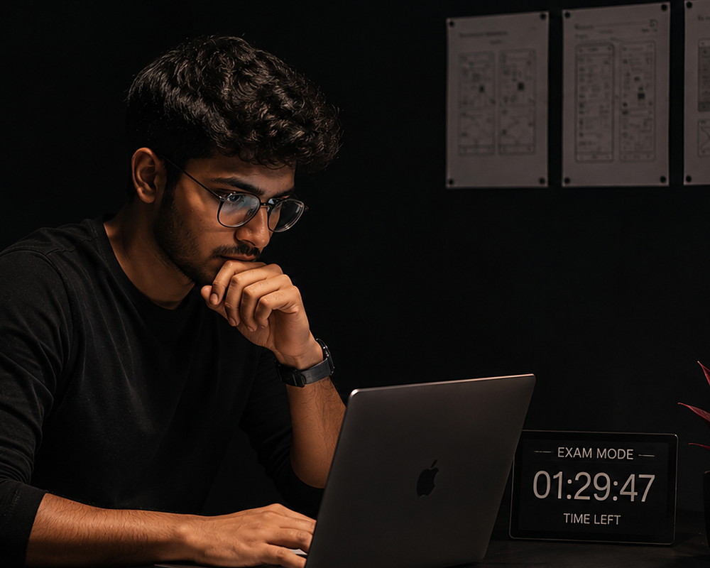 Designer taking a timed ADS Certified design examination — proctored UX certification exam