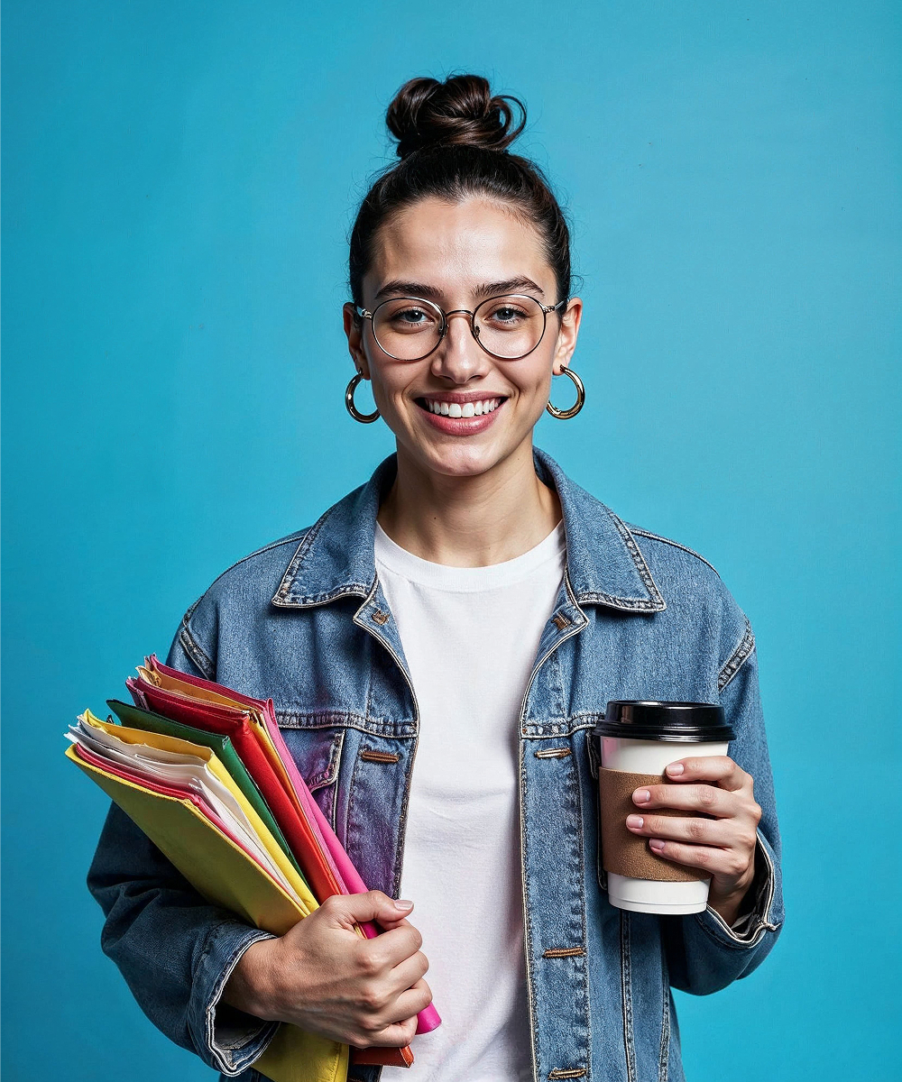 Confident fresher student holding colourful study folders and a coffee cup, smiling — representing beginners and students who join Agile Design School's UX UI design course in Hyderabad with no prior experience